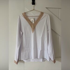 La Mode Elegant White Tan Blouse Shirt Crochet Detailing V-Neck Size XL